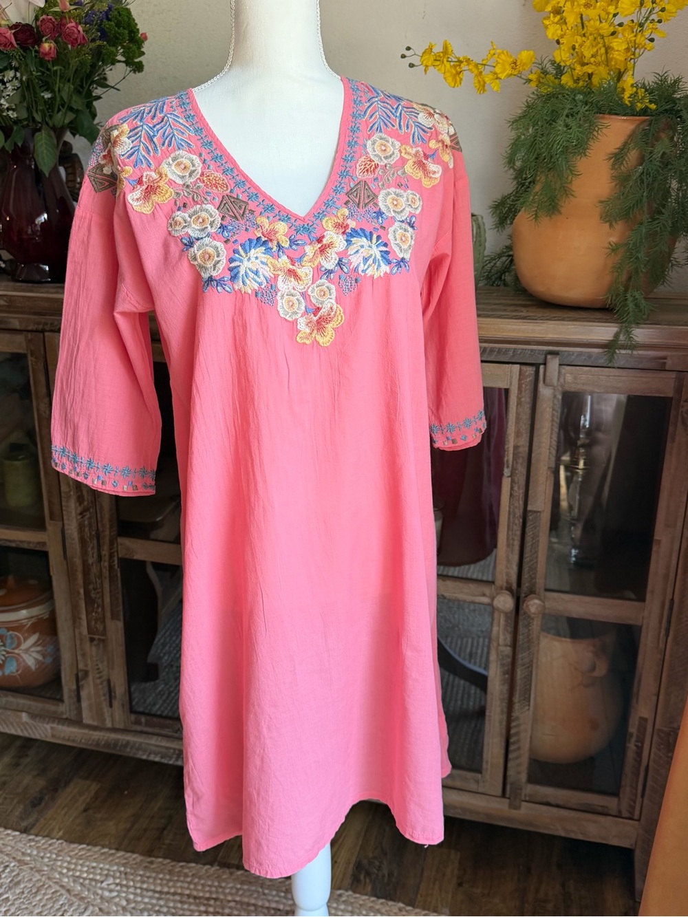Embroidered Johnny Was V-Neck Coral Women's Dress Size Small